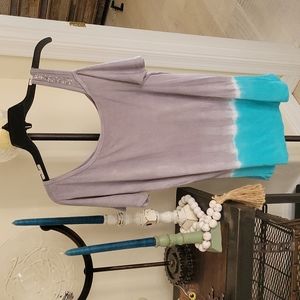 Made in the USA off shoulder top. Grey/aqua, Embellished shoulder strap Medium